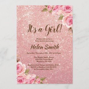 It's A Girl Rose Gold Glitter Floral Baby Shower Invitation