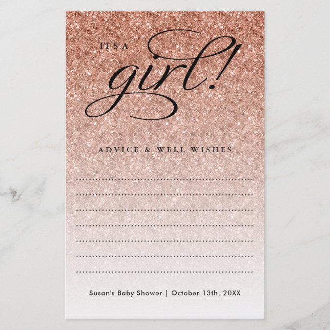 It's A Girl Rose Gold Ombre Glitter Advice, Wishes (Front)