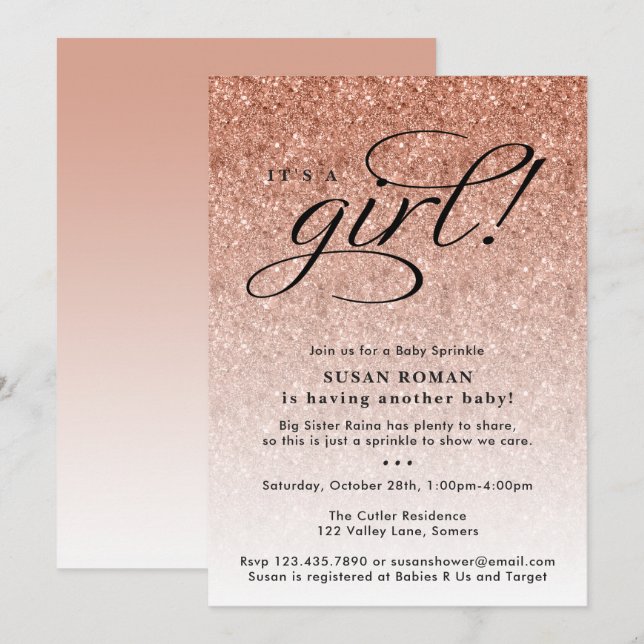 It's a Girl Rose Gold Ombre Glitter Baby Sprinkle Invitation (Front/Back)