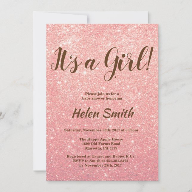 It's A Girl Rose Gold Pink Glitter Baby Shower Invitation (Front)