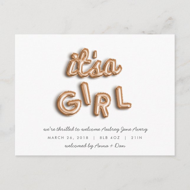 ITS a girl! Rose gold postcard. Announcement Postcard (Front)