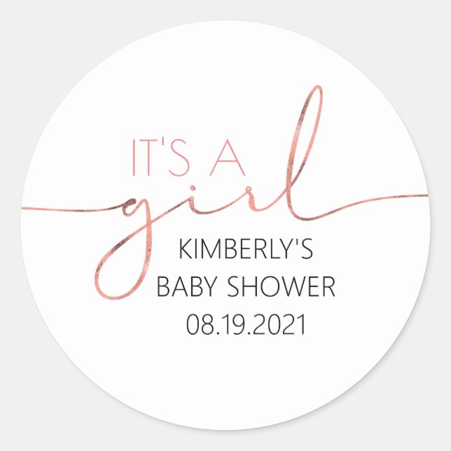 It's A Girl Rose Gold Script Baby Shower Classic Round Sticker (Front)