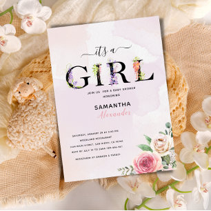 its a girl rustic floral baby shower invitation
