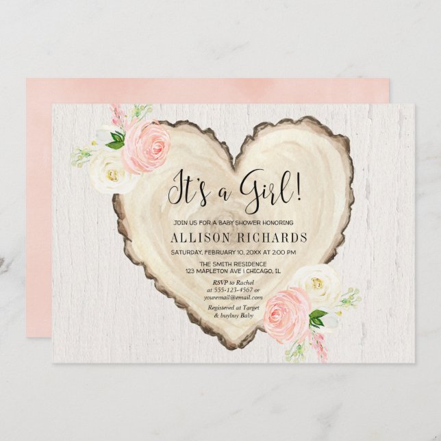 It's a girl rustic floral valentines heart shower invitation (Front/Back)