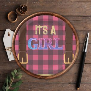 It's a girl Rustic Lumberjack Flannel Baby Shower  Paper Plate