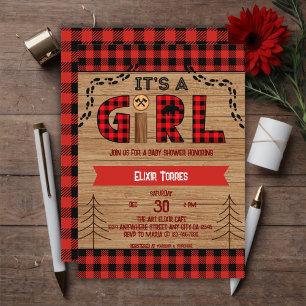 It's a Girl Rustic Wood Plaid Baby Shower Invitation
