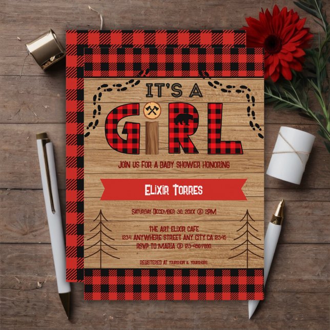 It's a Girl Rustic Wood Plaid Baby Shower Invitation (Creator Uploaded)