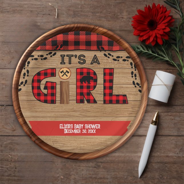 It's a Girl Rustic Wood Plaid Baby Shower Paper Plate (Creator Uploaded)