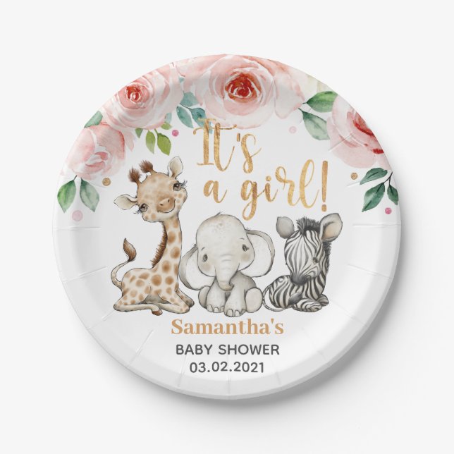 It's a Girl! Safari Animals Baby Shower Paper Plate (Front)