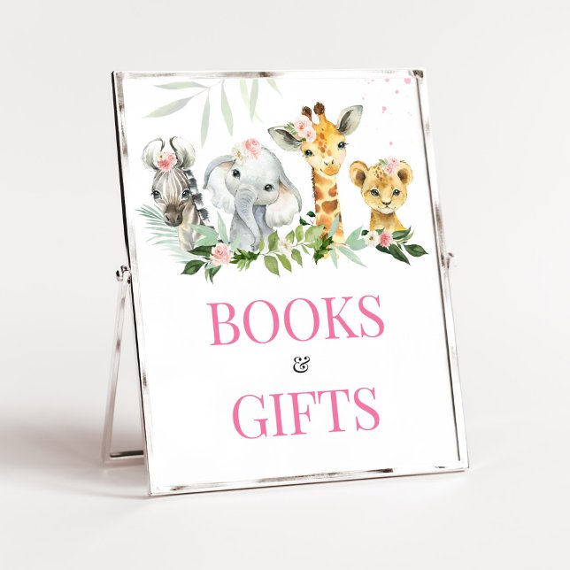 It's A Girl Safari Animals Books and Gifts Poster (Pink Floral Jungle Safari Baby Shower Books and Gifts Sign)