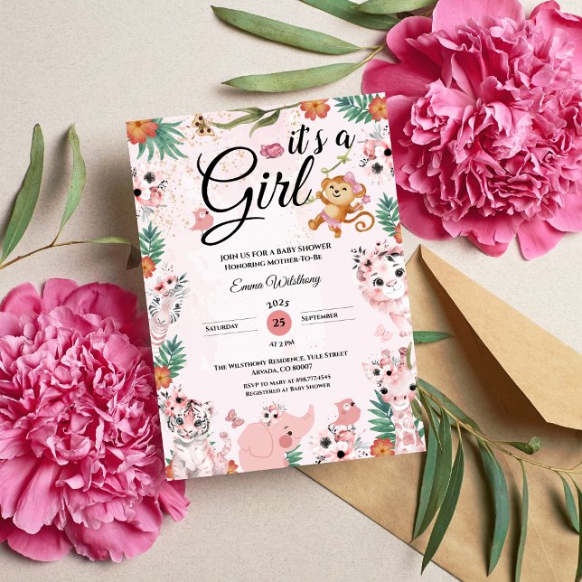 It's a Girl Safari Girl Pink Baby Shower Jungle  Invitation (It's a Girl Safari Girl Pink Baby Shower Jungle girl baby shower ideas jungle tropical summer safari)