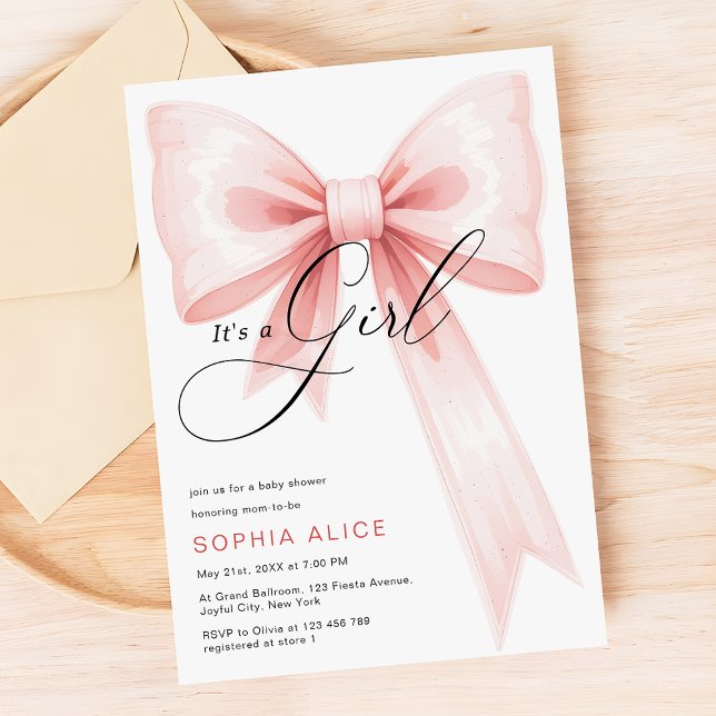It's a Girl Script Blush Pink Bow Baby Shower Invitation (Creator Uploaded)