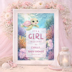 It's a Girl Sea Turtle Baby Shower Welcome Poster