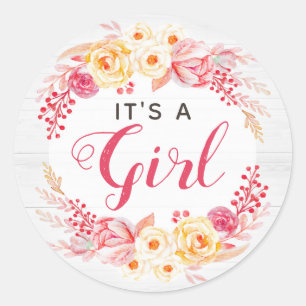 It's A Girl Shabby Chic Rustic Floral Baby Shower Classic Round Sticker