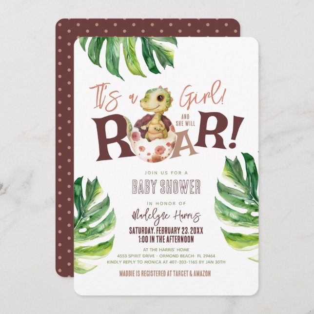 It's a Girl She will Roar Dinosaur Egg Baby Shower Invitation (Front/Back)