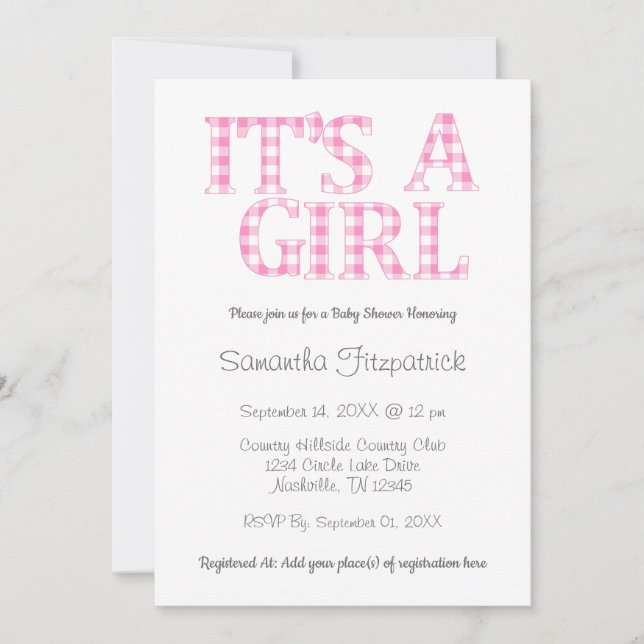 Its A Girl Simple Pink and White Baby Shower Invitation (Front)