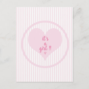 IT'S A GIRL - Soft pink and white stripes Announcement Postcard