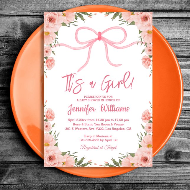 it's a girl ,stylish pink bow floral baby shower   invitation (Creator Uploaded)