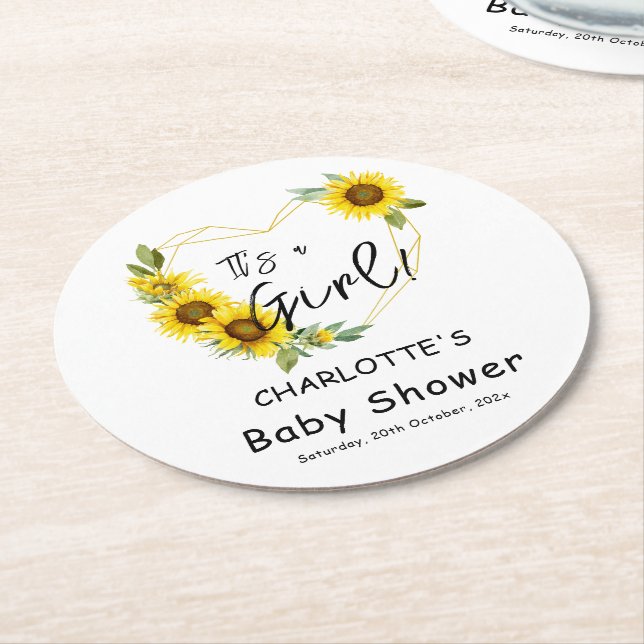 It's a Girl! Sunflowers Frame Baby Shower Round Paper Coaster (Angled)