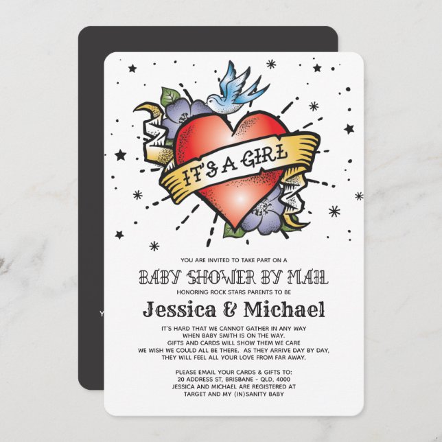 It's a Girl Tattoo Heart Baby Shower by Mail Invitation (Front/Back)