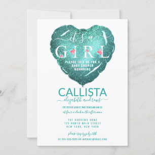 It's a Girl Teal Glitter Balloon Baby Shower Invitation