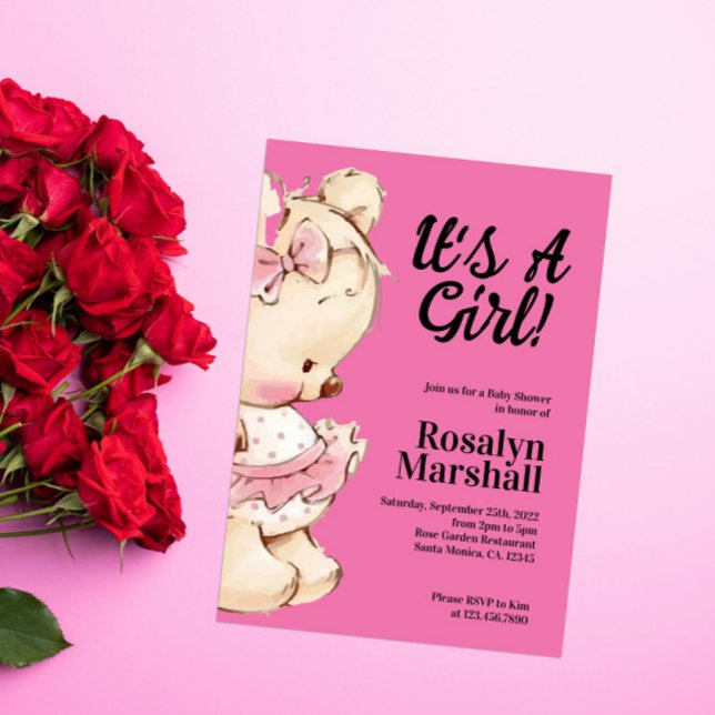 Its a Girl Teddy Bear Baby Shower Invitation (Creator Uploaded)
