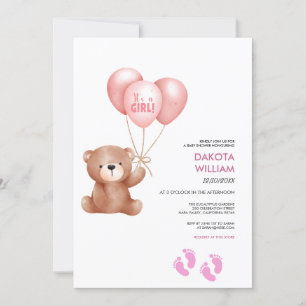 Its A Girl Teddy Bear Balloon Baby Shower Invitation
