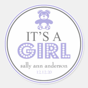 It's A Girl Teddy Bear Favour Sticker (Purple)