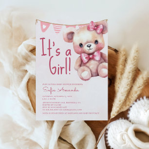 It's a Girl Teddy Bear Pink Baby Shower Invitation