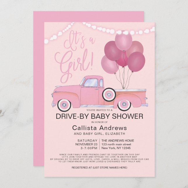 It's a Girl Truck Balloons Drive By Baby Shower Invitation (Front/Back)