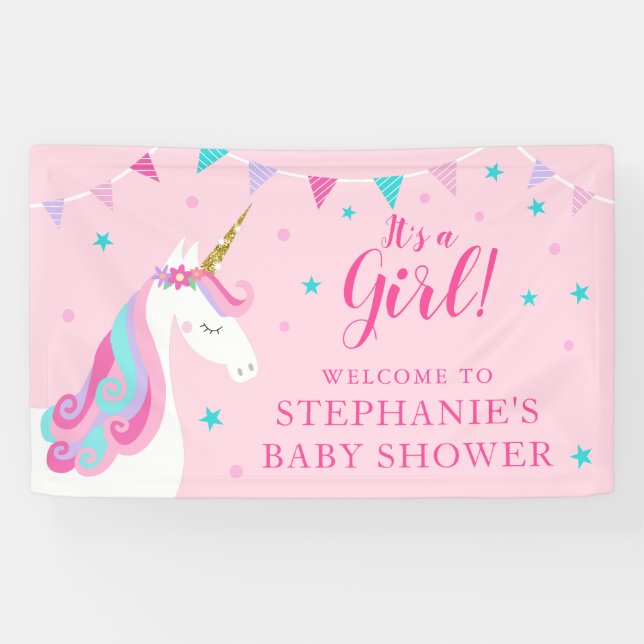 It's A Girl Unicorn Baby Shower Pink Banner (Horizontal)