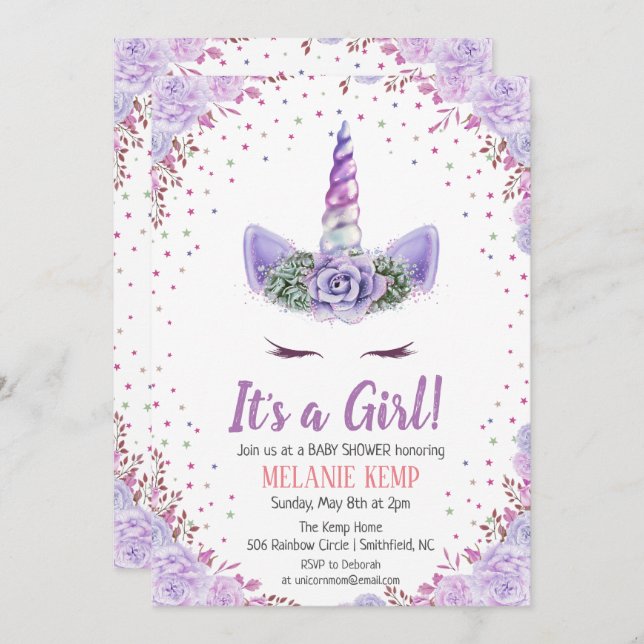 It's a Girl Unicorn Floral Baby Shower Invitation (Front/Back)
