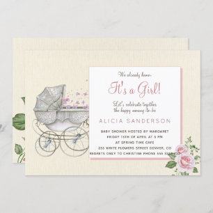 It's a girl vintage baby carriage shower party invitation