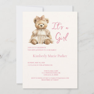 It's a girl vintage pink floral teddy bear invitation