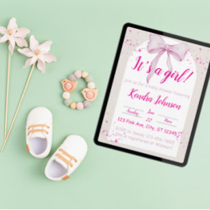 Its a girl watercolor bow, minimalist baby shower invitation