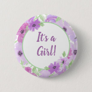 It's a Girl! Watercolor Floral Baby Shower 6 Cm Round Badge