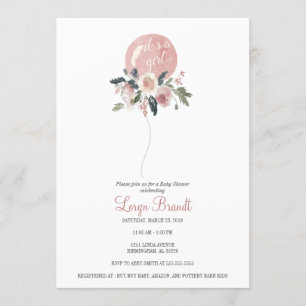 It's a Girl Watercolor Floral Balloon Baby Shower Invitation