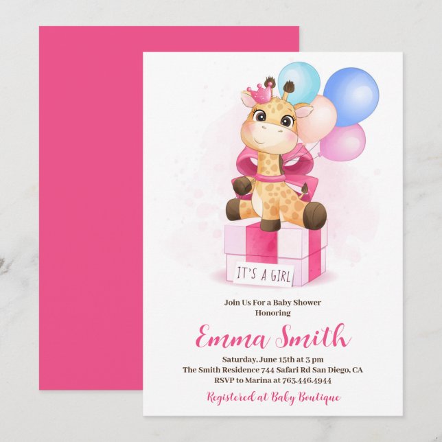 It's a Girl Watercolor Giraffe Baby Shower Invitation (Front/Back)