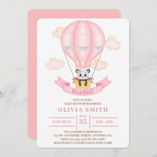 It's a Girl Watercolor Panda On Hot Air Balloon Invitation