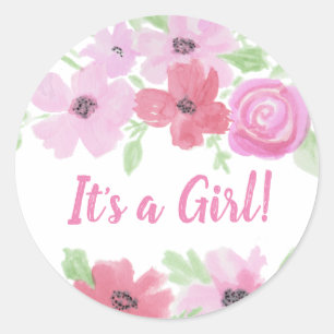It's a Girl, Watercolor Pink Floral Baby Shower Classic Round Sticker