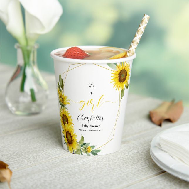 It's a Girl! Watercolor Sunflower Baby Shower Paper Cups (Insitu)