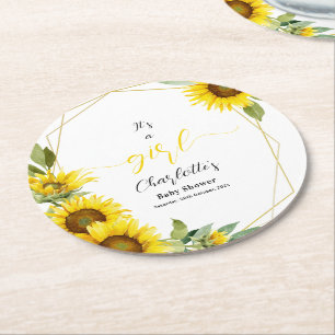 It's a Girl! Watercolor Sunflower Baby Shower Round Paper Coaster