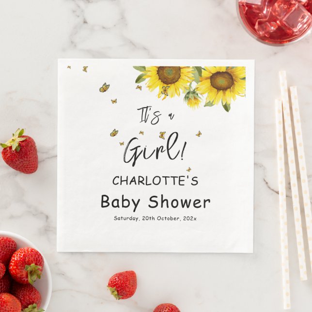It's a Girl! Watercolor Sunflowers and Butterflies Napkin (Insitu)