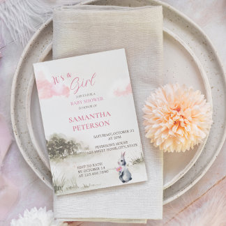 It's A Girl Watercolor Woodland Bunny Baby Shower Invitation