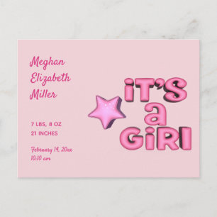 It's A Girl With 3D Pink Star Custom Announcement Postcard