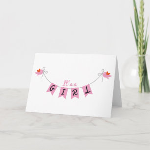 it's a girl with bird and pink bunting flags announcement