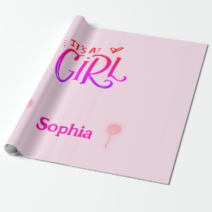 It's A Girl with Pink Balloons Personalised Wrapping Paper