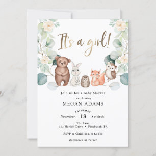 It's a Girl Woodland Animal Eucalyptus Baby Shower Invitation