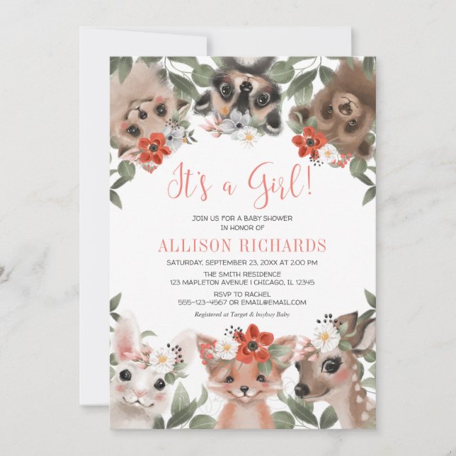 It's a Girl woodland animals forest baby shower Invitation (Front)