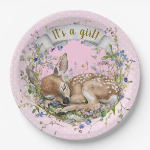 It's a girl Woodland Baby Shower Paper Plate